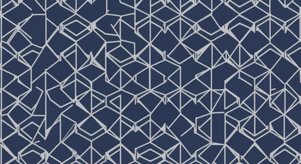 Geometric abstract pattern with interlocking lines and shapes on a dark blue background, vector art.