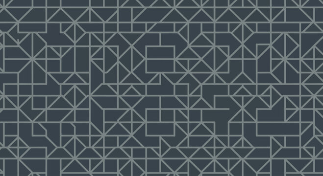 Geometric pattern with repeating abstract shapes and lines in gray on dark background