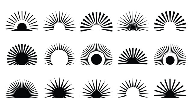 Collection of abstract sunburst logo silhouettes in black on white background for design