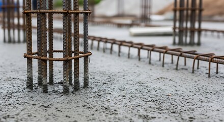 Reinforced concrete foundation under construction with steel rebar pillars