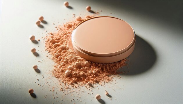 A close-up shot of a compact powder makeup product with loose powder scattered around it.