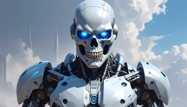 ritratto frontale a mezzo busto di un roboto umanoide di fantasia, futuristico, di metallo e dallo sguardo minaccioso e gli occhi azzurri che brillano, all'aperto, con alle spalle un cielo nuvoloso