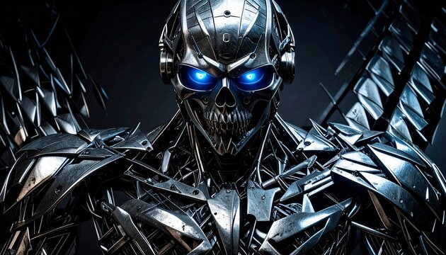 ritratto frontale a mezzo busto di un roboto umanoide di fantasia, futuristico, di metallo e dallo sguardo minaccioso e gli occhi azzurri che brillano, con sfondo scuro ed astratto