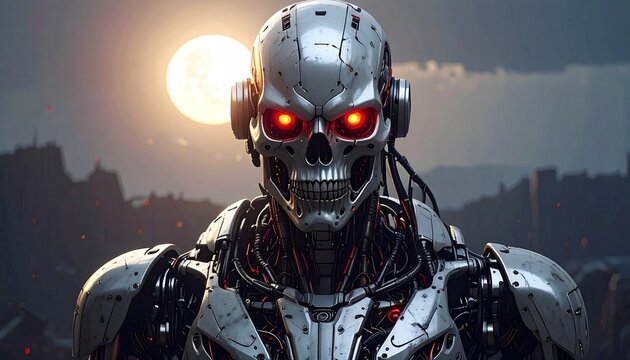 ritratto frontale in primo piano di un roboto dall'aspetto umanoide, fatto di metallo, con occhi rossi e uno sguardo minaccioso, col sole in controluce sullo sfondo