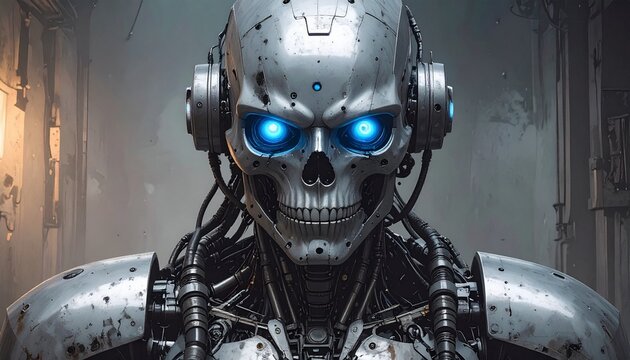 ritratto frontale a mezzo busto di un roboto umanoide di fantasia, futuristico, di metallo e dallo sguardo minaccioso e gli occhi azzurri che brillano, dentro ad una stanza