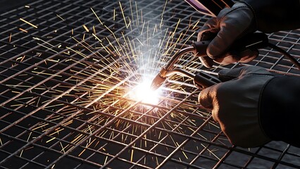 Skilled worker welding steel mesh with protective gear in industry setting