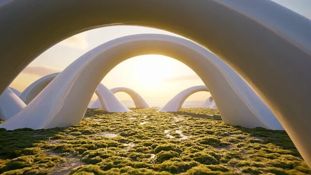 Abstract arches rise from a textured green landscape at sunset