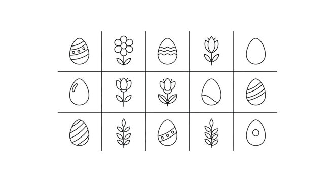 Simple black and white line icons display various Easter eggs and floral elements arranged in a grid.