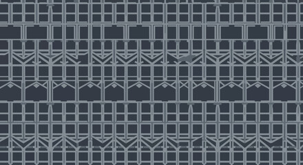 Geometric architectural pattern with repeating window and roof elements in gray and dark blue