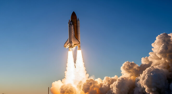 A space shuttle launching into the sky with clouds of smoke