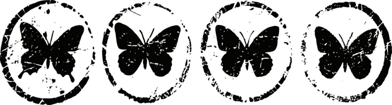 vintage grunge butterfly stamps in circular frames, set of four black ink silhouettes