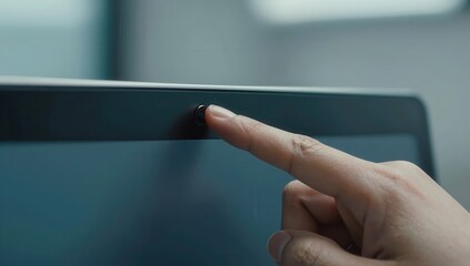 Person pressing a button on a modern electronic device with their finger in a sleek and minimalist environment