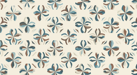 Abstract floral motif vector pattern with muted blue, brown, and beige colors on a cream background. © atha_lintar