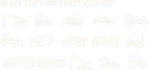Heavy Duty Construction Machines Icon Set Vector Illustration Featuring Excavator Bulldozer Dump Truck Crane Tractor and Industrial Vehicles © MDShakhawat