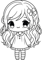 Obraz premium Cute anime girl illustration kawaii chibi character with long wavy hair and bow simple line art for coloring pages and design
