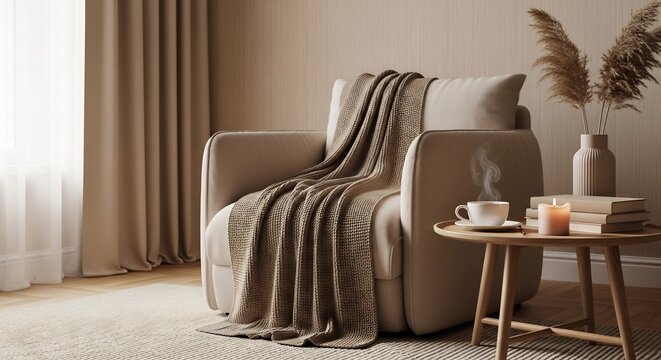 Cozy Armchair with Blanket and Coffee Table in a Warmly Lit Room.