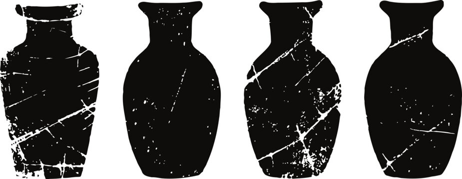 Set of four vintage cracked black vases silhouettes, antique pottery shapes collection