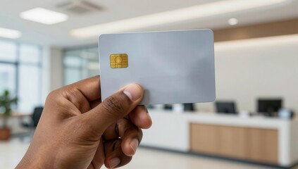 Person holding a credit card with a blurred office background for financial transactions and banking services purposes always available