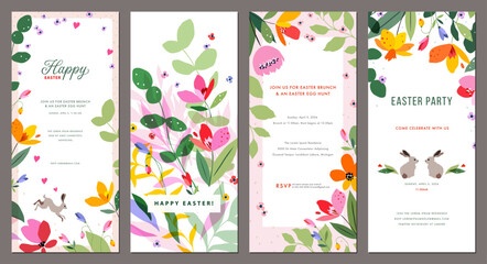 Easter templates 4x9. Floral greeting cards in spring vibrant colors with decorative flowers, Easter bunnies, floral frames and backgrounds with copy spase. For Birthday, Wedding, Baby invitations. © KatyaKatya