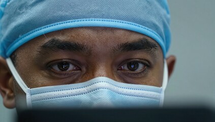 Doctor wearing blue surgical cap and medical mask focused on computer screen with intense gaze in a clinical setting environment
