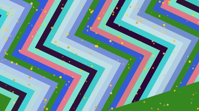 Vibrant multicolored chevron pattern on green background with yellow dots.