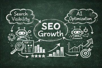 SEO Growth chalkboard illustration with search visibility and AI optimization concepts, upbeat marketing and data visualization