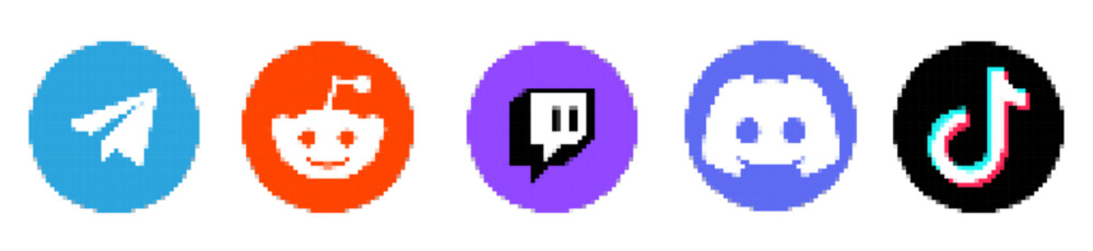 Pixel Style Social Media Logo Icon Set &ndash; Telegram Reddit Twitch Discord TikTok Symbols Collection	