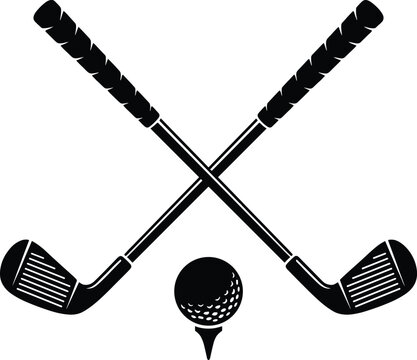 Crossed golf clubs with ball on tee in black stylized design symbolizing sport, competition, and golfing lifestyle for logos, signage, and promotional materials
