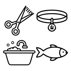 Pet Care Outline Icon Set Vector Illustration Grooming Scissors Collar Bath Tub and Fish Line Icons