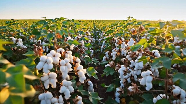 A vast field of mature cotton plants with f white bolls ready for harvest under a bright sky.
