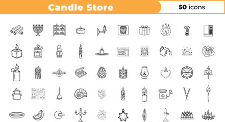Candle store icon set with various candle and lighting related symbols