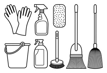 Cleaning Supplies Icons Black White Vector Illustration