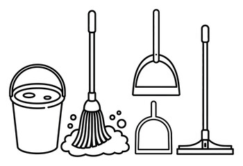 Cleaning Supplies Line Art Vector Illustration