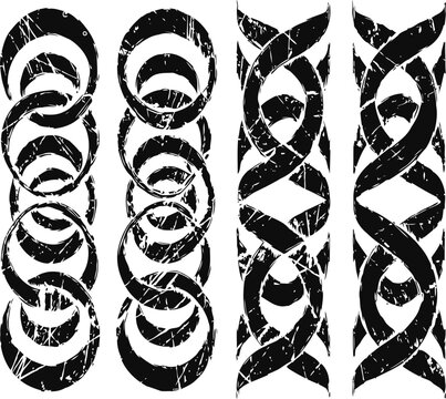 grunge celtic patterns with circular and intertwined knot designs in black and white
