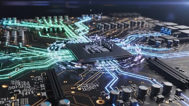 Central processing unit on a circuit board with glowing data streams and binary code representing