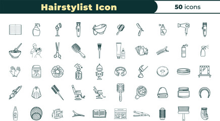 A collection of 50 hairstylist icons in various line art styles and designs for use in beauty and salon related applications