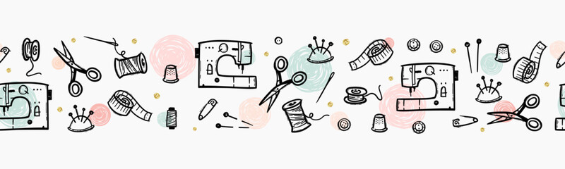 Fun hand drawn sewing elements seamless pattern, fashion background, great for textiles, wallpapers, wrapping - vector design