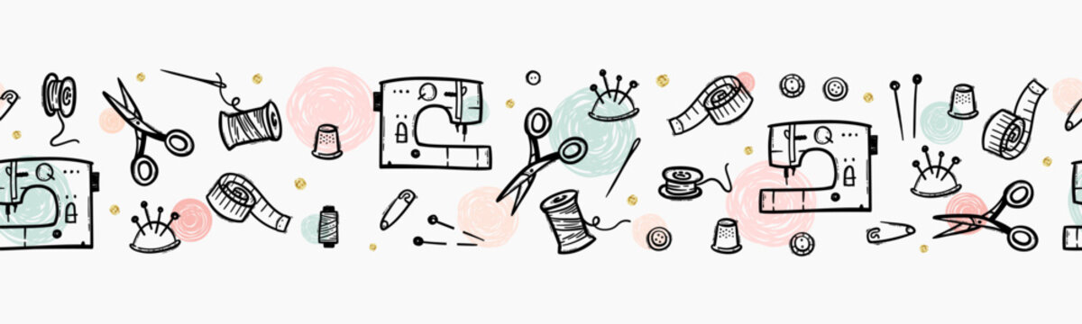 Fun hand drawn sewing elements seamless pattern, fashion background, great for textiles, wallpapers, wrapping - vector design