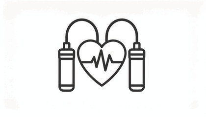 Obraz premium Heart Health Cardio Fitness Line Icon. Jump Rope Exercise Outline Symbol with ECG Pulse Beat