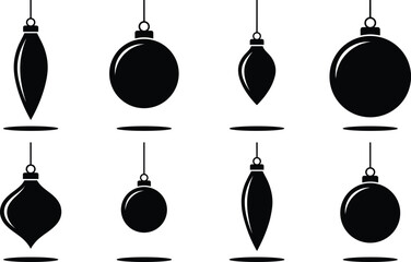 Set of eight hanging Christmas ornaments in various shapes including spherical, teardrop, elongated, and bulb designs with shadows in festive holiday vector illustration