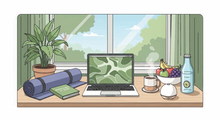 Fototapeta premium Wellness-Focused Home Office Desk Illustration: Laptop, Yoga Mat, Healthy Habits, and Fruit for Remote Work and Balance.