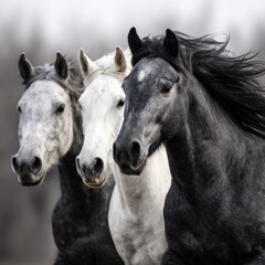 Fototapeta premium Three majestic horses running together in a dynamic group portrait