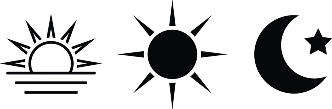 Set of three black icons representing sunrise, daytime sun, and nighttime moon with star, symbolizing daily cycle in simple vector silhouette design