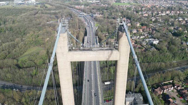 aerial view of Humber Bridge, single span toll road suspension bridge crossing the river Humber 