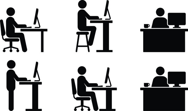 Silhouettes of people working at desks with computers in various ergonomic postures and setups representing office design, productivity, and workplace lifestyle concepts