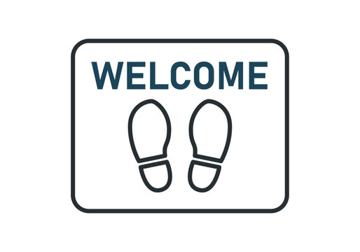 Felpudo cuadrada con la palabra welcome y el contorno de dos huellas de zapatos