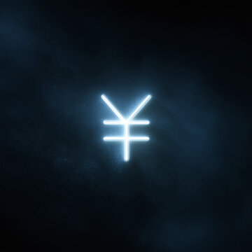 Glowing neon blue Yen or Yuan currency symbol on a dark textured background for digital finance, cryptocurrency, and economy concepts