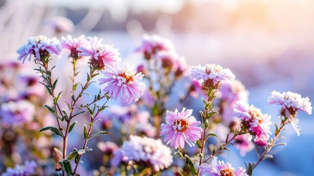 Delicate pink asters adorned with frost during a soft winter sunrise