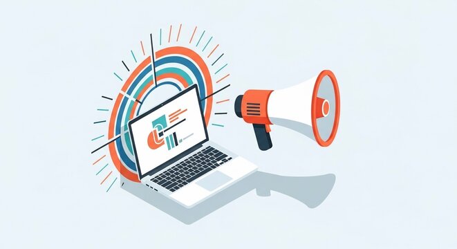 Digital Marketing Strategy and Analytics with Laptop and Megaphone.
