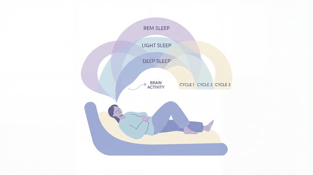 Mapping the essential architecture of a sleeping mind, revealing stages of Deep Sleep, Light Sleep, REM Sleep, and Brain Activity cycles